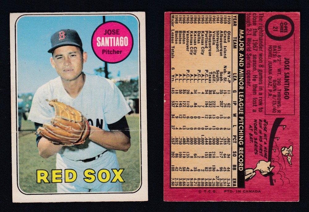 1969 O-PEE-CHEE BASEBALL CARD #21 J. SANTIAGO photo 1969 O-PEE-CHEE BASEBALL CARD #21 J. SANTIAGO photo