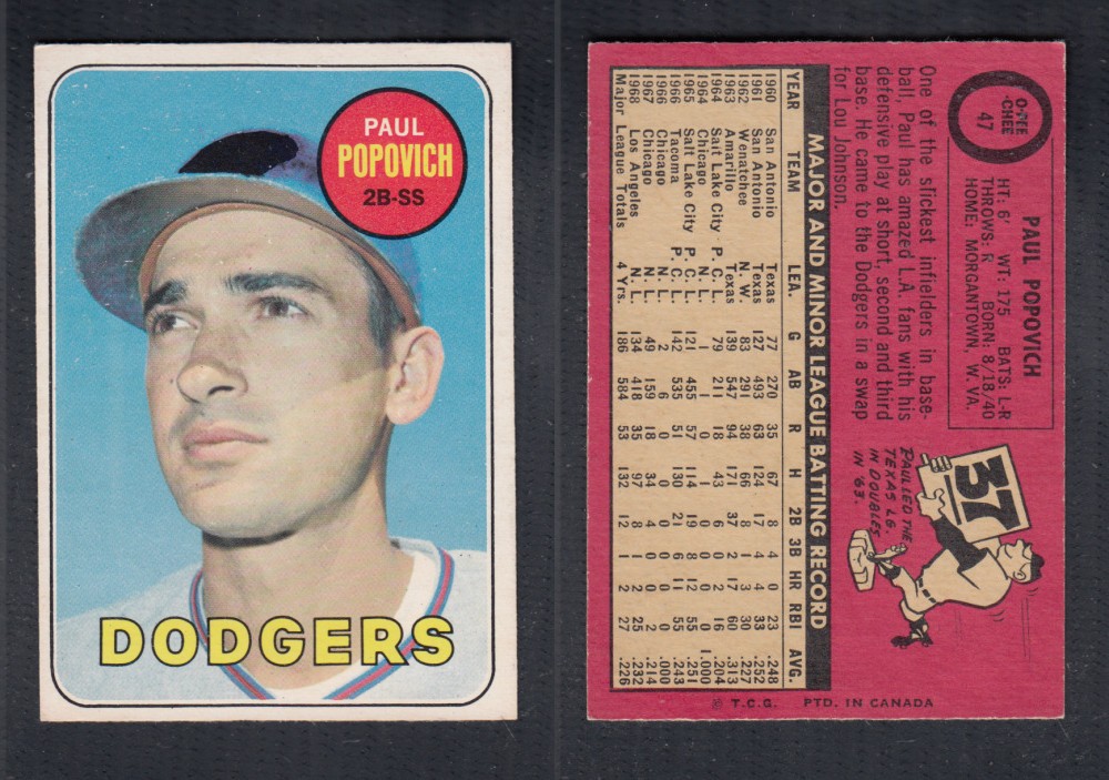 1969 O-PEE-CHEE BASEBALL CARD #47 P. POPOVICH photo 1969 O-PEE-CHEE BASEBALL CARD #47 P. POPOVICH photo