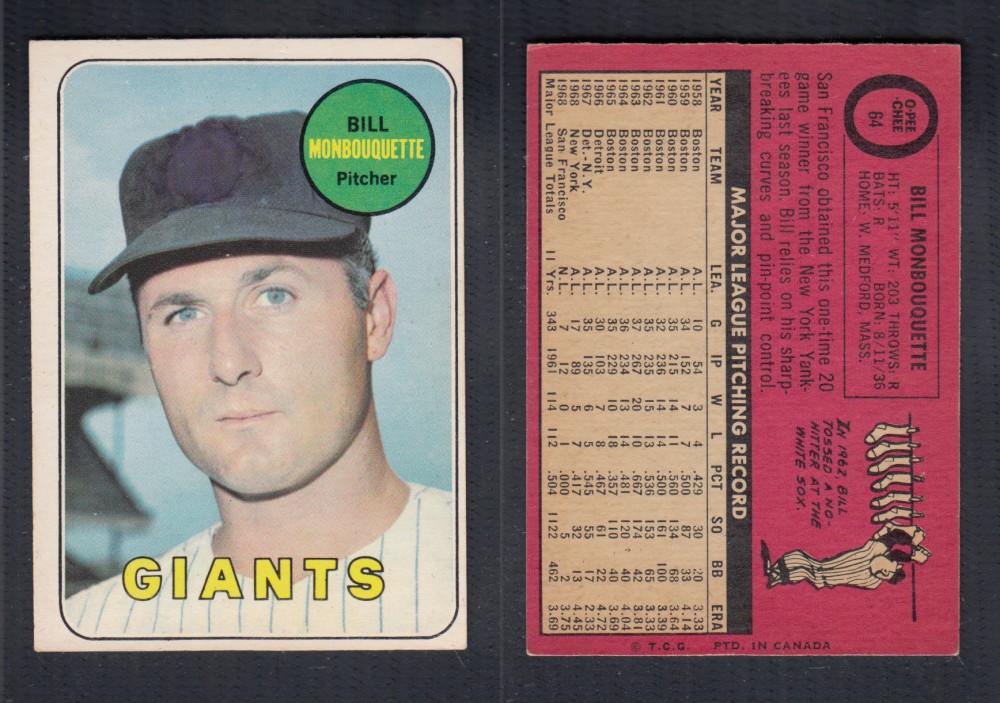 1969 O-PEE-CHEE BASEBALL CARD #64 B. MONBOUQUETTE photo 1969 O-PEE-CHEE BASEBALL CARD #64 B. MONBOUQUETTE photo