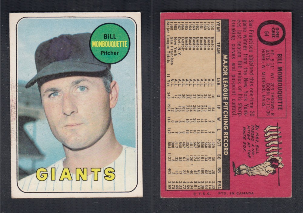 1969 O-PEE-CHEE BASEBALL CARD #64 B. MONBOUQUETTE photo 1969 O-PEE-CHEE BASEBALL CARD #64 B. MONBOUQUETTE photo