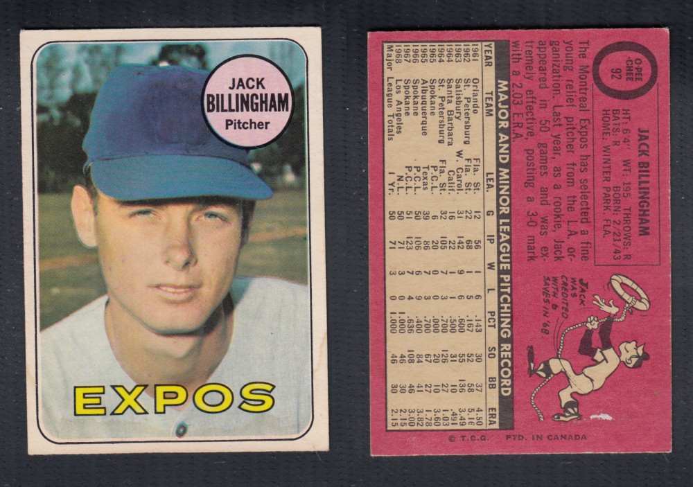 1969 O-PEE-CHEE BASEBALL CARD #92 J. BILLINGHAM photo 1969 O-PEE-CHEE BASEBALL CARD #92 J. BILLINGHAM photo