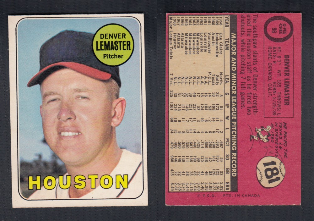 1969 O-PEE-CHEE BASEBALL CARD #96 D. LEMASTER photo 1969 O-PEE-CHEE BASEBALL CARD #96 D. LEMASTER photo