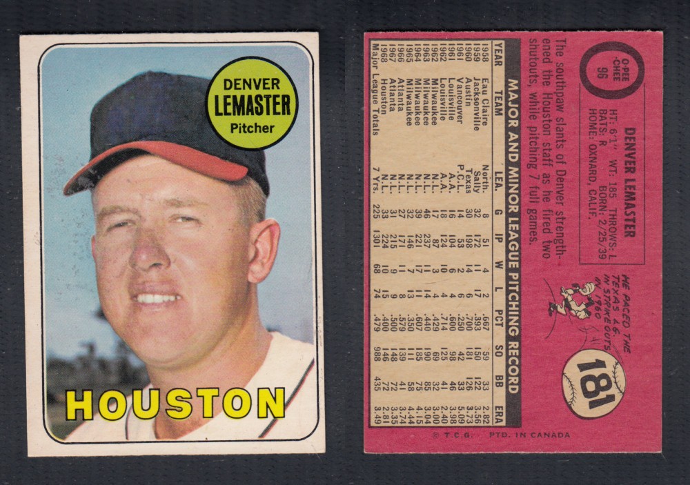 1969 O-PEE-CHEE BASEBALL CARD #96 D. LEMASTER photo 1969 O-PEE-CHEE BASEBALL CARD #96 D. LEMASTER photo