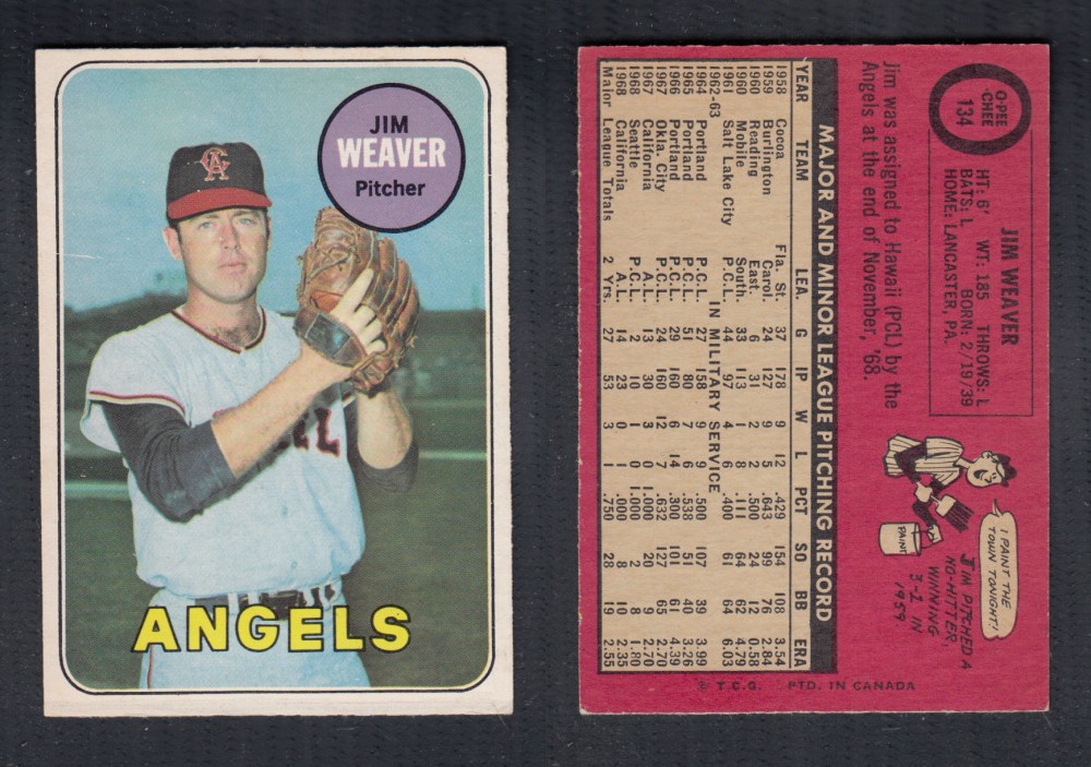 1969 O-PEE-CHEE BASEBALL CARD #134 J. WEAVER photo 1969 O-PEE-CHEE BASEBALL CARD #134 J. WEAVER photo