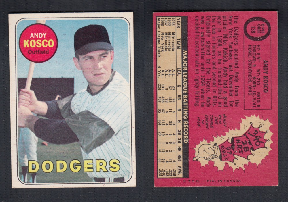 1969 O-PEE-CHEE BASEBALL CARD #139 A. KOSCO photo 1969 O-PEE-CHEE BASEBALL CARD #139 A. KOSCO photo