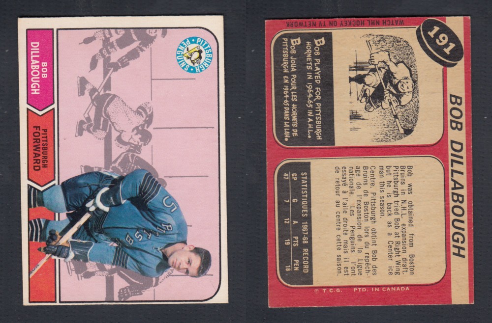 1968-69 O-PEE-CHEE HOCKEY CARD #191 B. DILLABOUGH photo 1968-69 O-PEE-CHEE HOCKEY CARD #191 B. DILLABOUGH photo