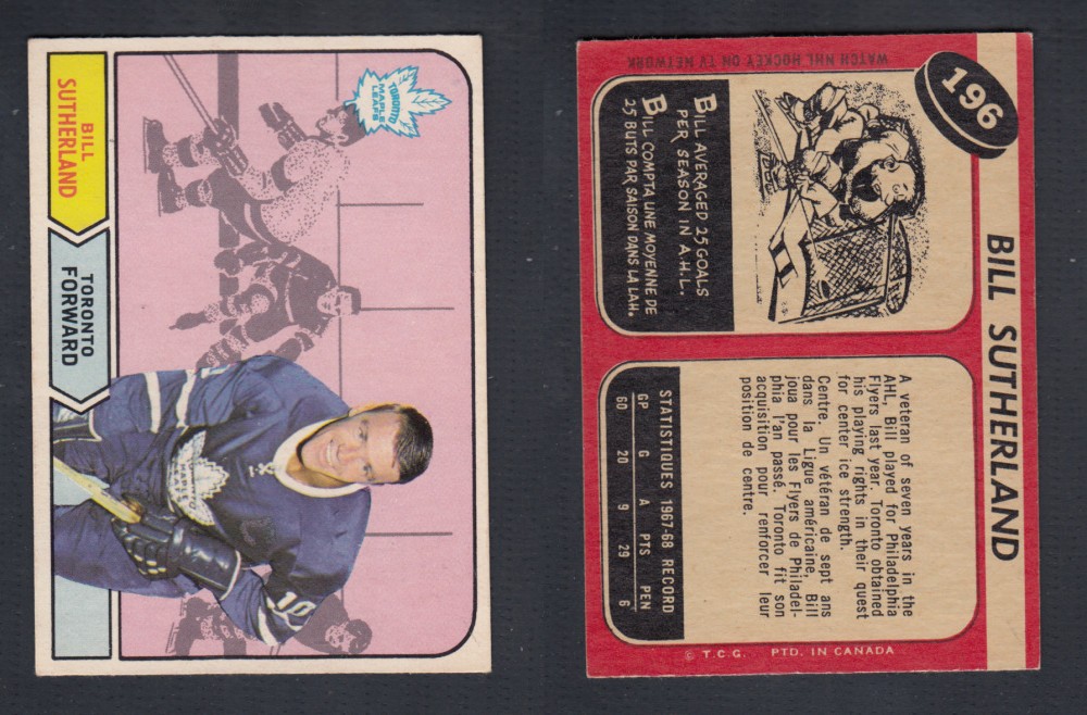 1968-69 O-PEE-CHEE HOCKEY CARD #196 B. SUTHERLAND photo 1968-69 O-PEE-CHEE HOCKEY CARD #196 B. SUTHERLAND photo