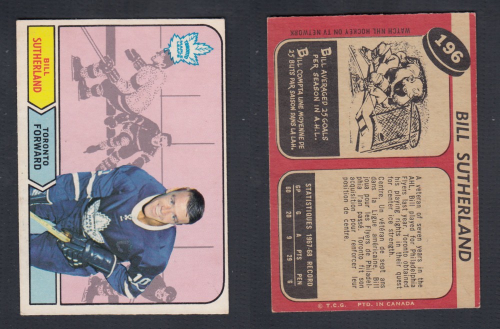1968-69 O-PEE-CHEE HOCKEY CARD #196 B. SUTHERLAND photo 1968-69 O-PEE-CHEE HOCKEY CARD #196 B. SUTHERLAND photo