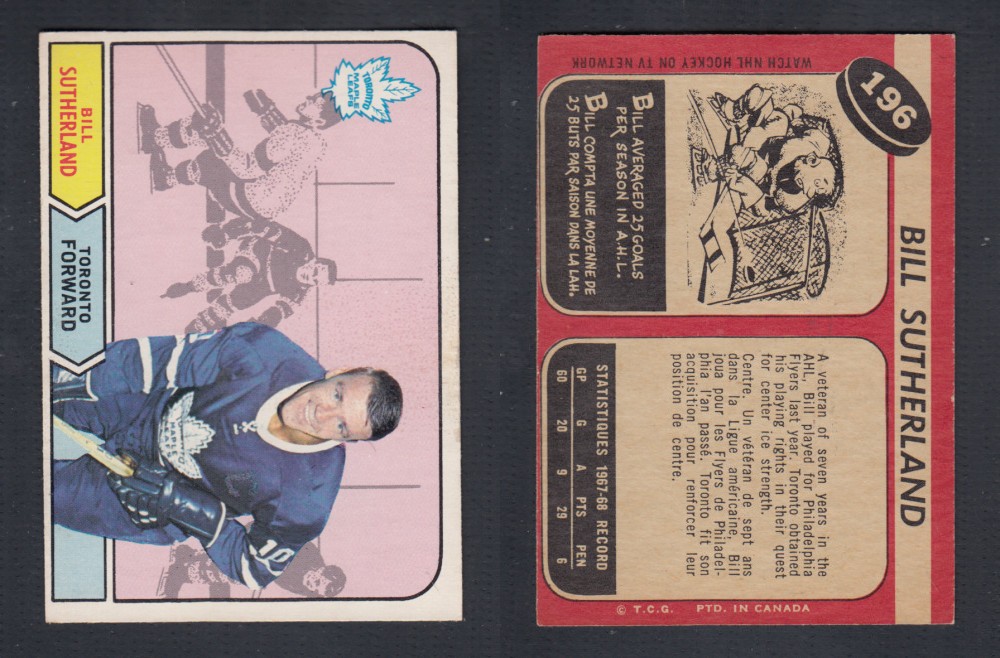 1968-69 O-PEE-CHEE HOCKEY CARD #196 B. SUTHERLAND photo 1968-69 O-PEE-CHEE HOCKEY CARD #196 B. SUTHERLAND photo