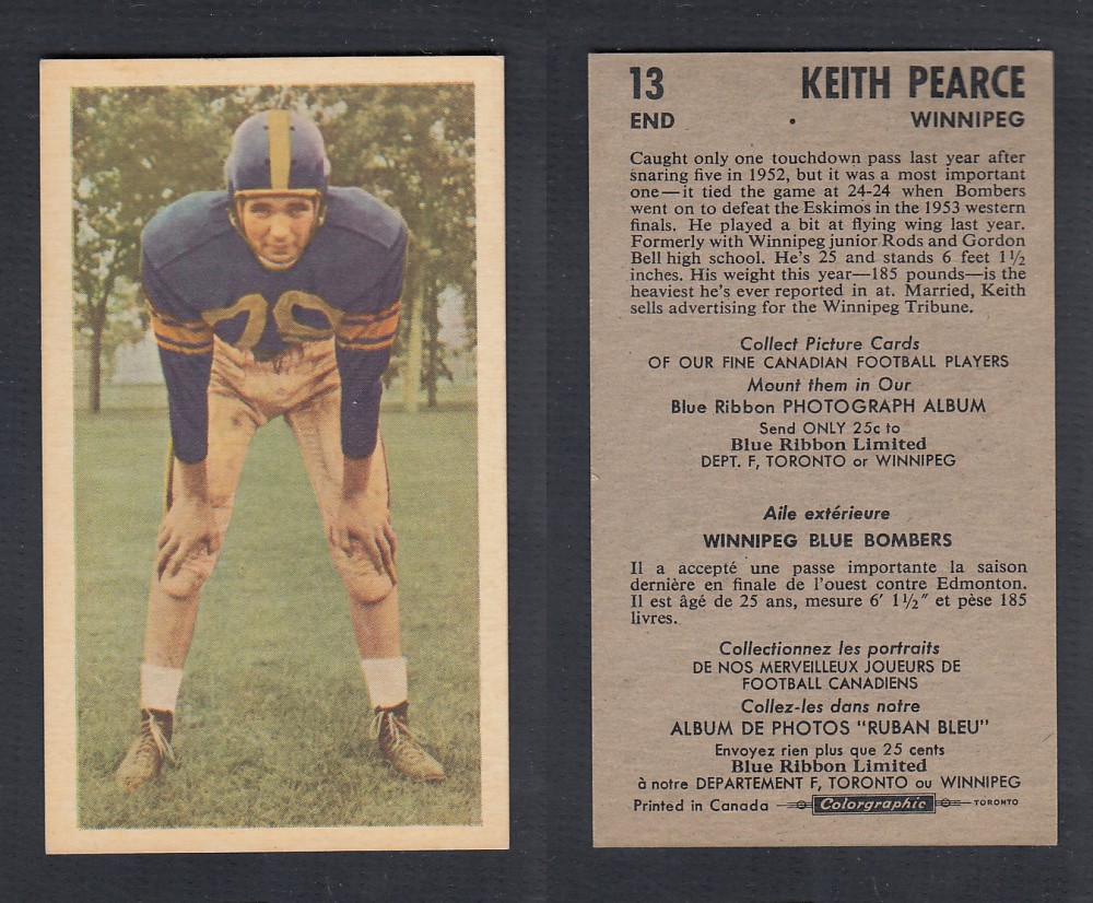 1954 CFL BLUE RIBBON FOOTBALL CARD #13 K. PEARCE photo