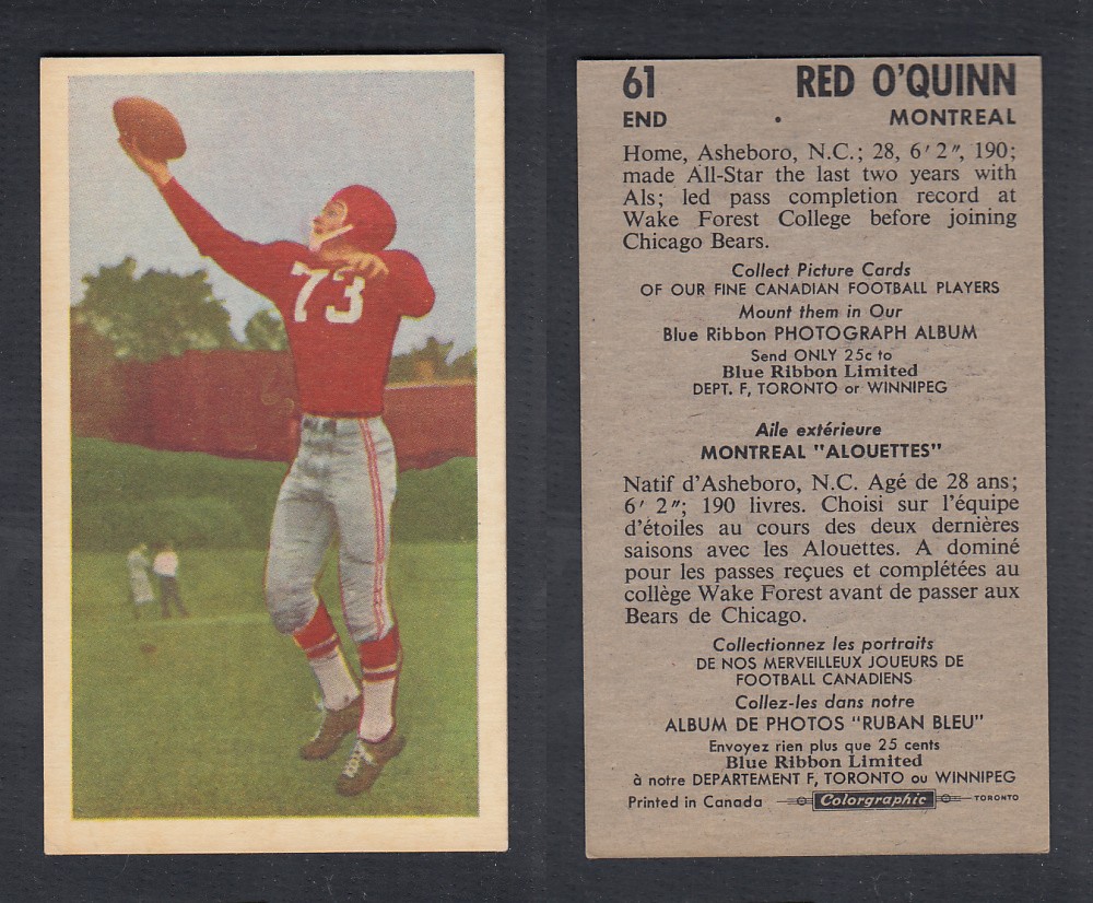 1954 CFL BLUE RIBBON FOOTBALL CARD #61 R. O'QUINN photo