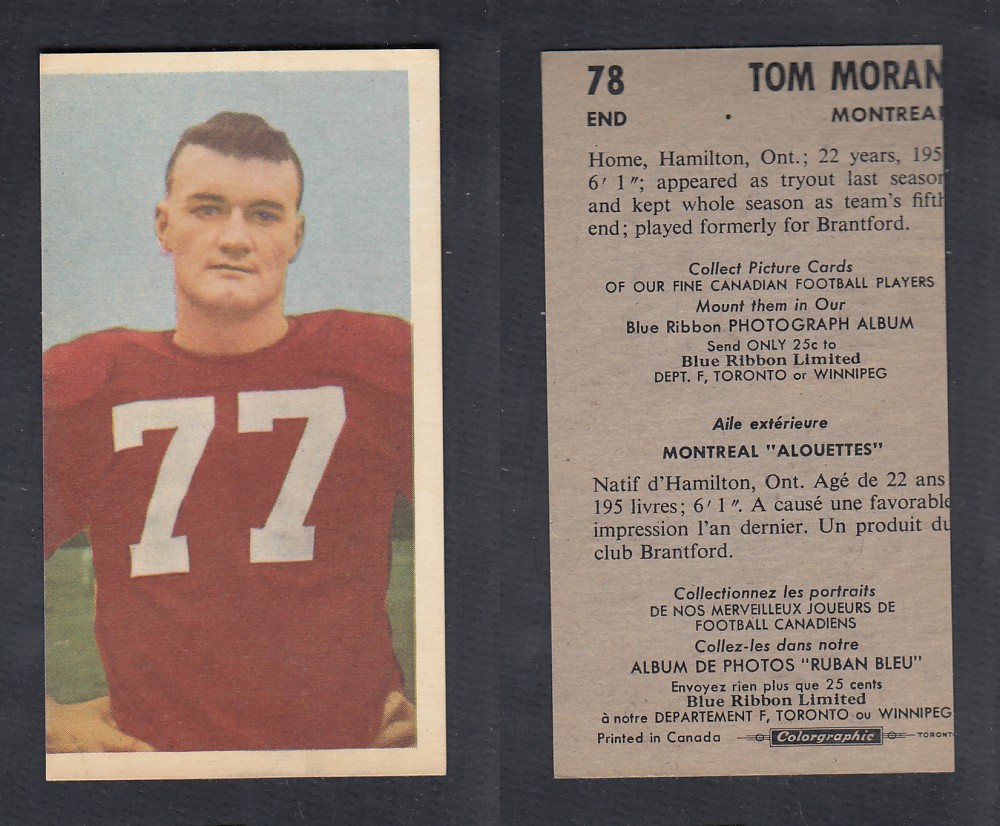 1954 CFL BLUE RIBBON FOOTBALL CARD #78 T. MORAN photo