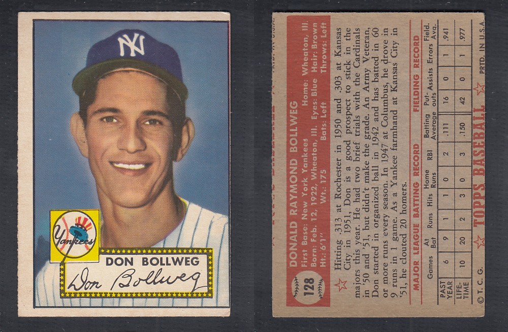 1952 TOPPS BASEBALL CARD #128 D. BOLLWEG photo