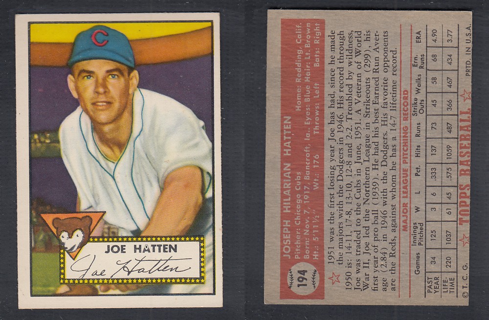 1952 TOPPS BASEBALL CARD #194 J. HATTEN photo