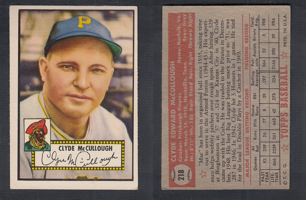 1952 TOPPS BASEBALL CARD #218 C. MCCULOUGH photo