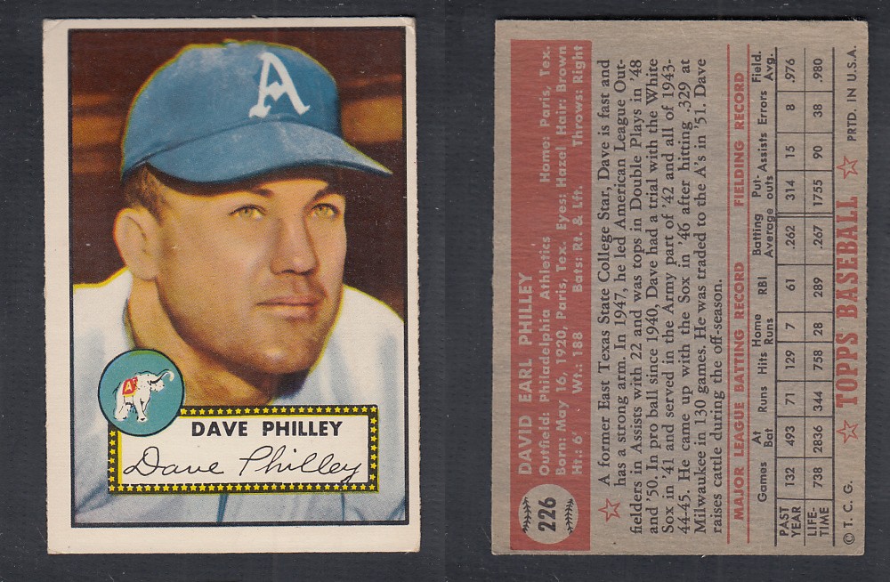 1952 TOPPS BASEBALL CARD #226 D. PHILLEY photo