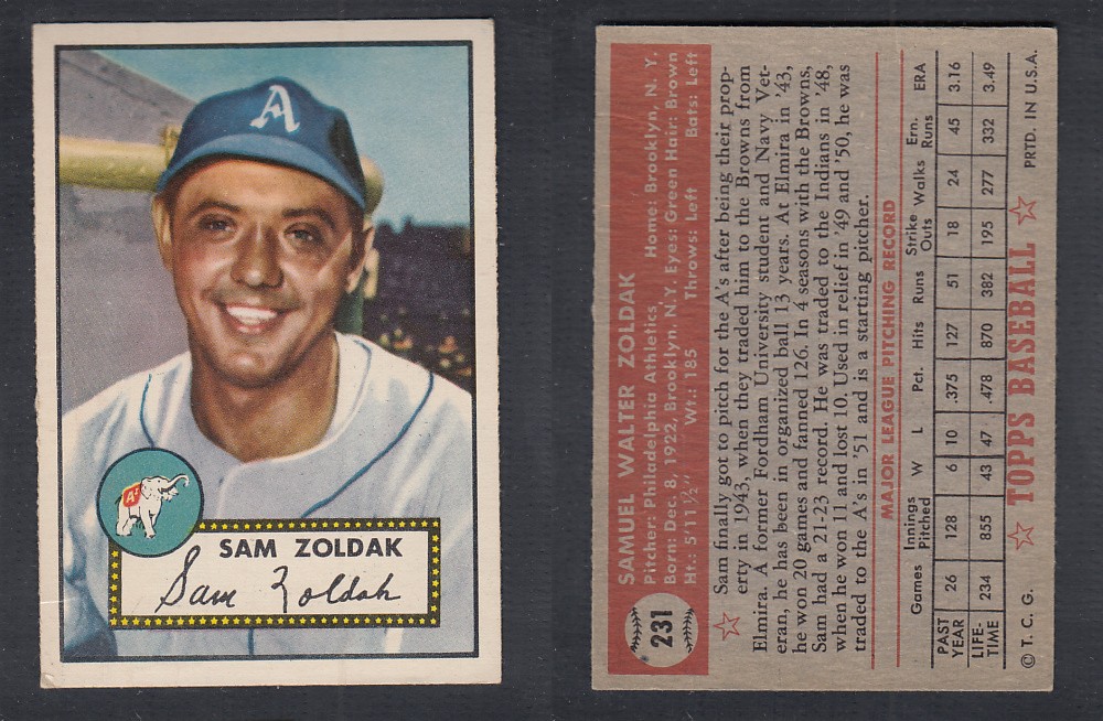 1952 TOPPS BASEBALL CARD #231 S. ZOLDAK photo