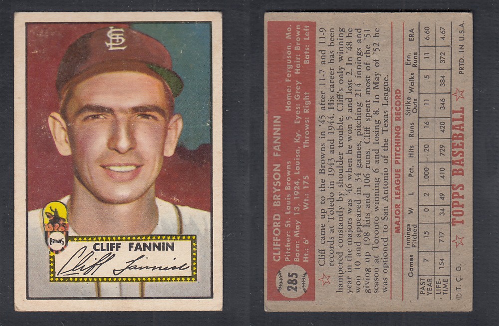 1952 TOPPS BASEBALL CARD #285 C. FANNIN photo