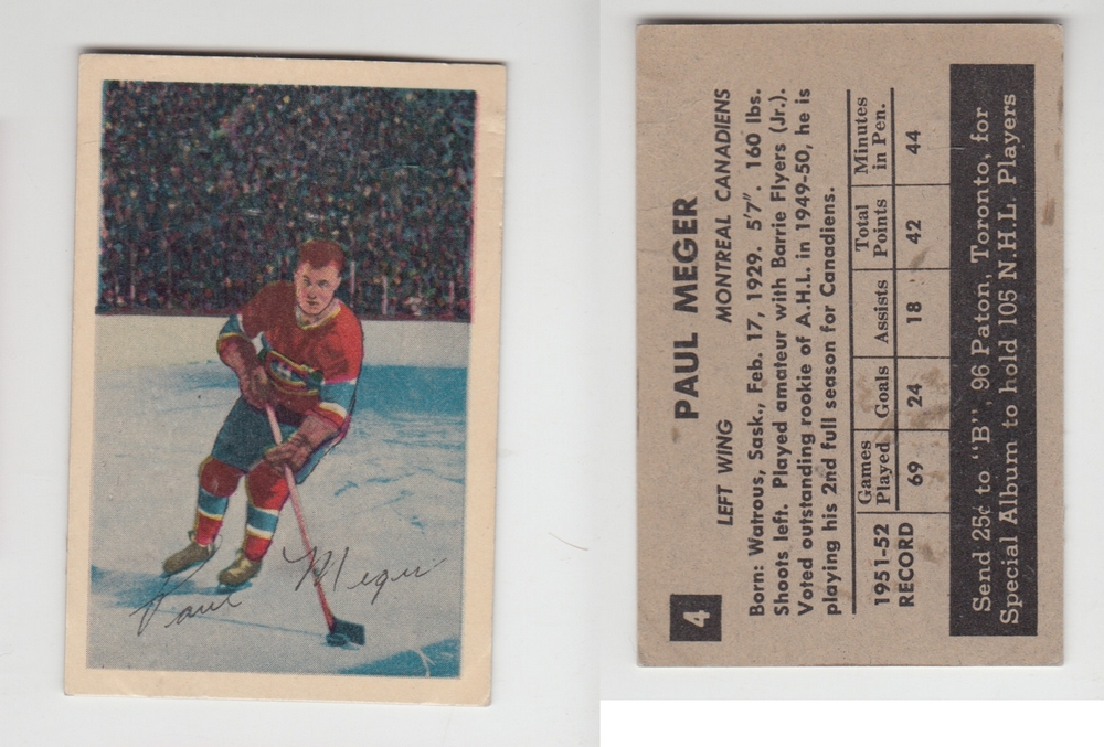 1952-53 PARKHURST HOCKEY CARD #4 P. MEGER photo 1952-53 PARKHURST HOCKEY CARD #4 P. MEGER photo