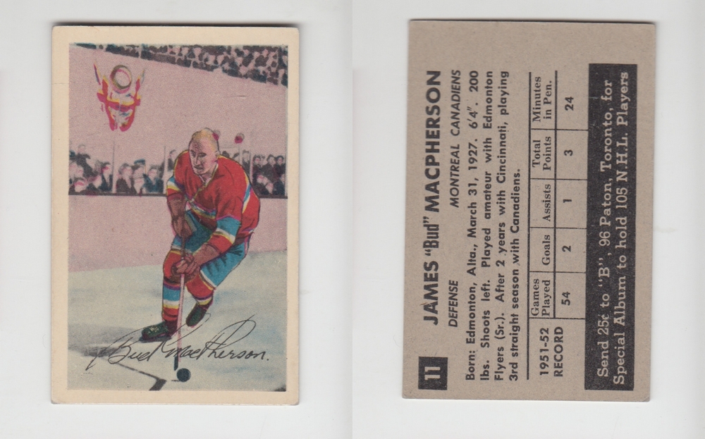 1952-53 PARKHURST HOCKEY CARD #11 J. MACPHERSON photo 1952-53 PARKHURST HOCKEY CARD #11 J. MACPHERSON photo