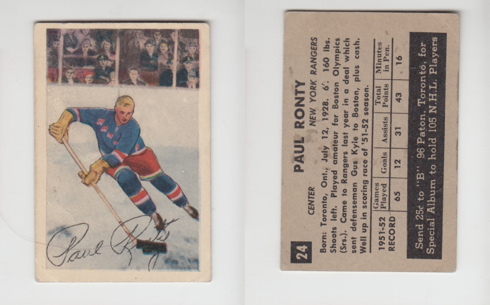 1952-53 PARKHURST HOCKEY CARD #24 P. RONTY photo 1952-53 PARKHURST HOCKEY CARD #24 P. RONTY photo