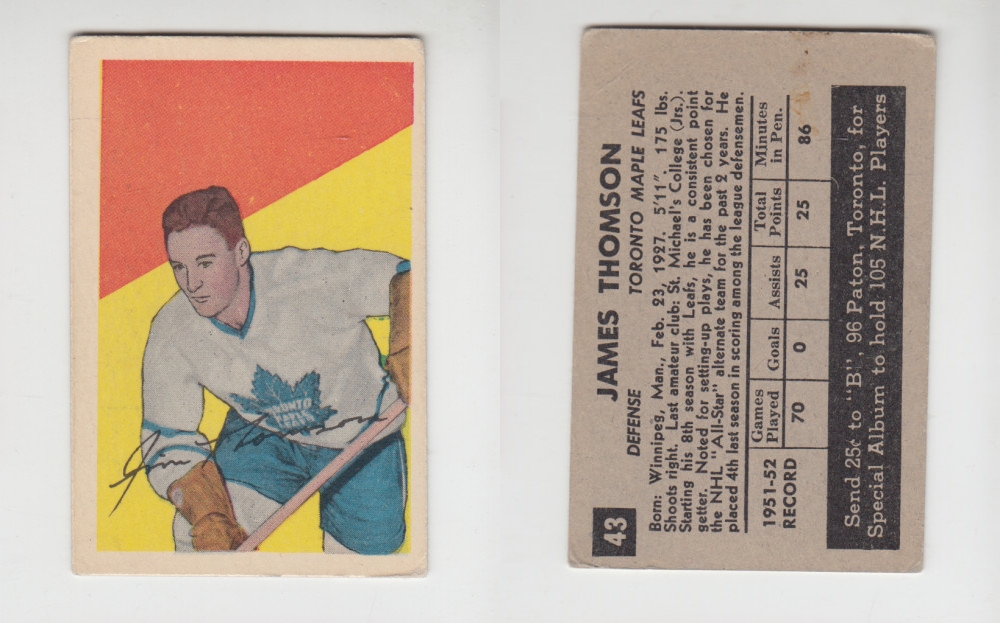 1952-53 PARKHURST HOCKEY CARD #43 J. THOMSON photo 1952-53 PARKHURST HOCKEY CARD #43 J. THOMSON photo
