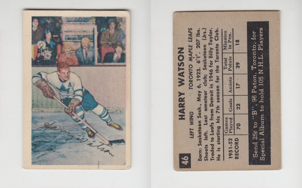 1952-53 PARKHURST HOCKEY CARD #46 H. WATSON photo 1952-53 PARKHURST HOCKEY CARD #46 H. WATSON photo