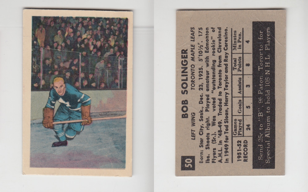 1952-53 PARKHURST HOCKEY CARD #50 B. SOLINGER photo 1952-53 PARKHURST HOCKEY CARD #50 B. SOLINGER photo