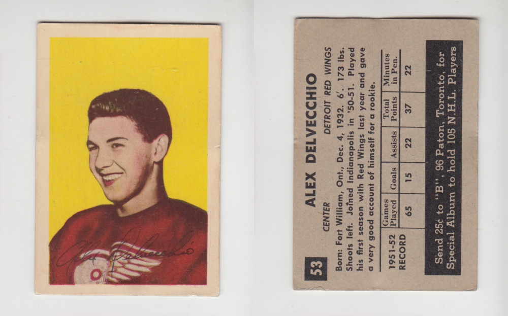 1952-53 PARKHURST HOCKEY CARD #53 A. DELVECCHIO photo 1952-53 PARKHURST HOCKEY CARD #53 A. DELVECCHIO photo