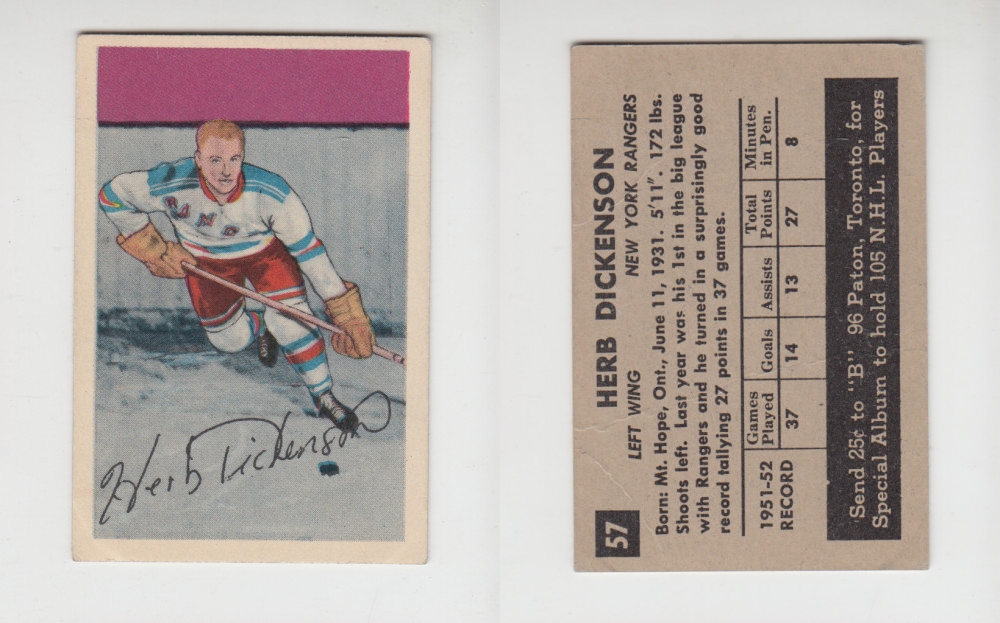 1952-53 PARKHURST HOCKEY CARD #57 H. DICKENSON photo 1952-53 PARKHURST HOCKEY CARD #57 H. DICKENSON photo