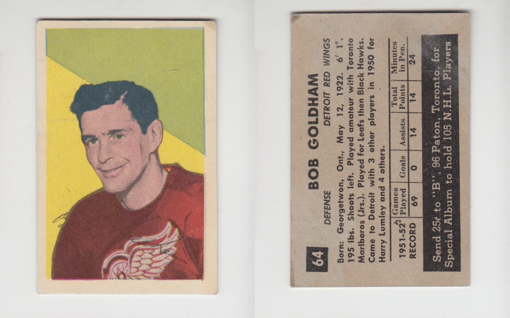 1952-53 PARKHURST HOCKEY CARD #64 B. GOLDHAM photo 1952-53 PARKHURST HOCKEY CARD #64 B. GOLDHAM photo