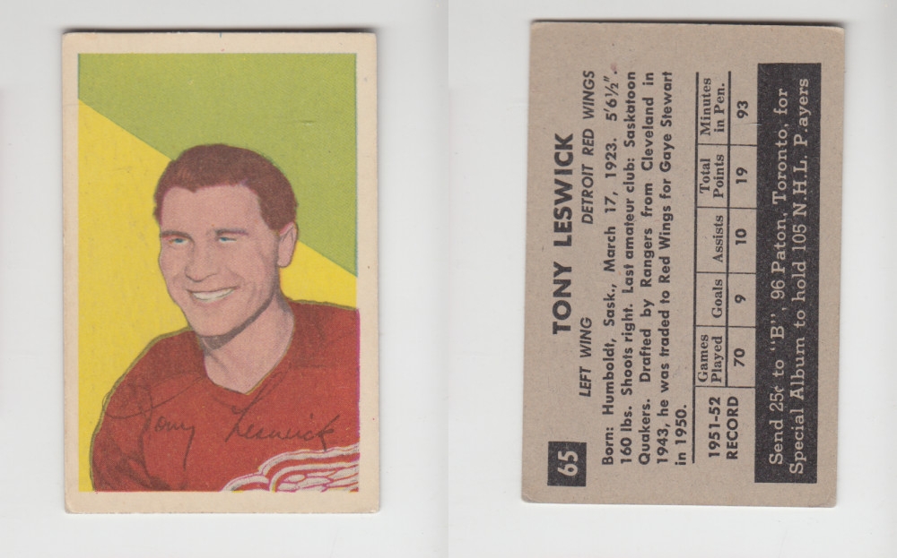 1952-53 PARKHURST HOCKEY CARD #65 T. LESWICK photo 1952-53 PARKHURST HOCKEY CARD #65 T. LESWICK photo