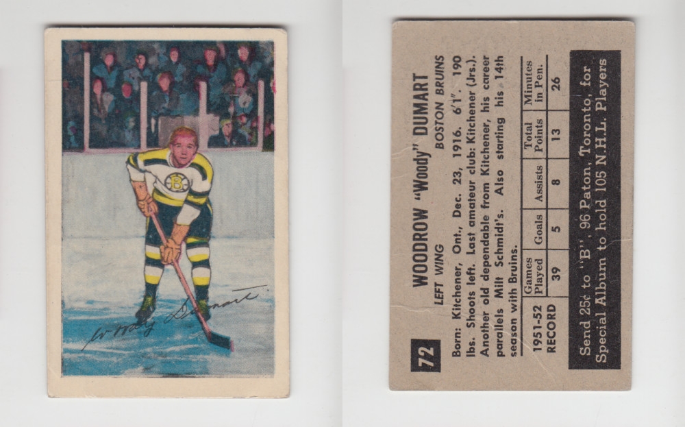 1952-53 PARKHURST HOCKEY CARD #72 W. DUMART photo 1952-53 PARKHURST HOCKEY CARD #72 W. DUMART photo