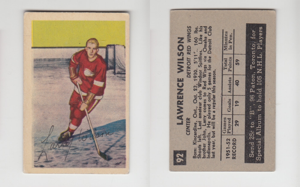 1952-53 PARKHURST HOCKEY CARD #92 L. WILSON photo 1952-53 PARKHURST HOCKEY CARD #92 L. WILSON photo