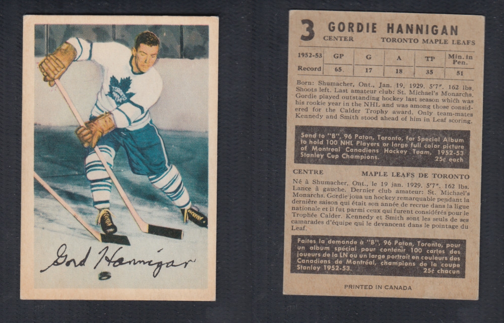 1953-54 PARKHURST HOCKEY CARD #3 G. HANNIGAN photo 1953-54 PARKHURST HOCKEY CARD #3 G. HANNIGAN photo