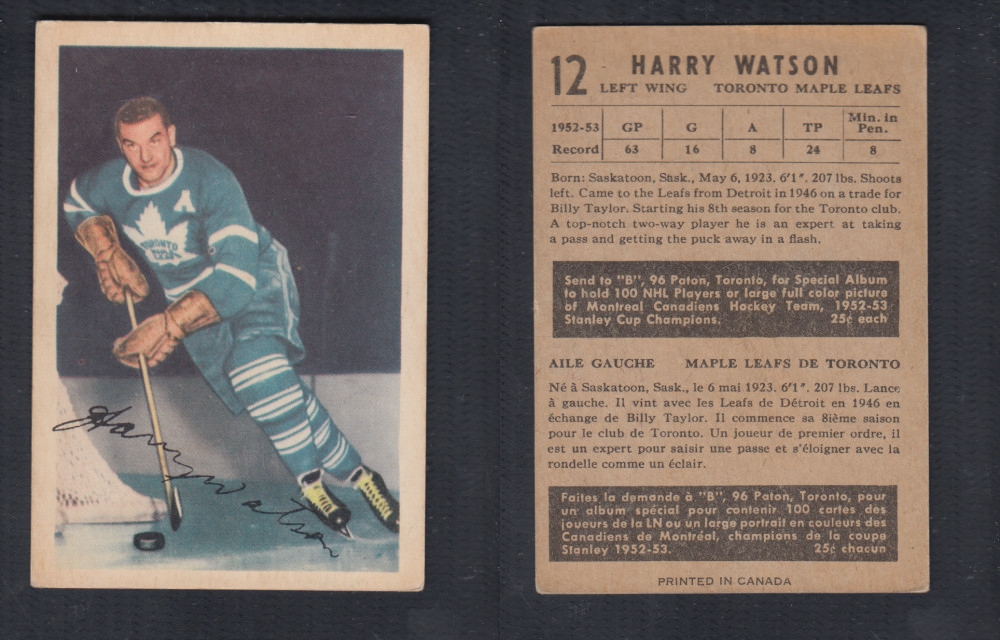 1953-54 PARKHURST HOCKEY CARD #12 H. WATSON photo 1953-54 PARKHURST HOCKEY CARD #12 H. WATSON photo