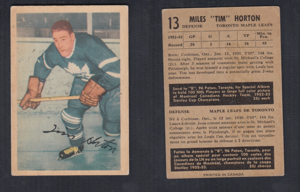 1953-54 PARKHURST HOCKEY CARD #13 T. HORTON photo 1953-54 PARKHURST HOCKEY CARD #13 T. HORTON photo