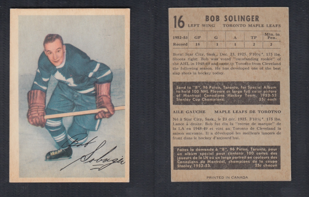 1953-54 PARKHURST HOCKEY CARD #16 B. SOLINGER photo 1953-54 PARKHURST HOCKEY CARD #16 B. SOLINGER photo