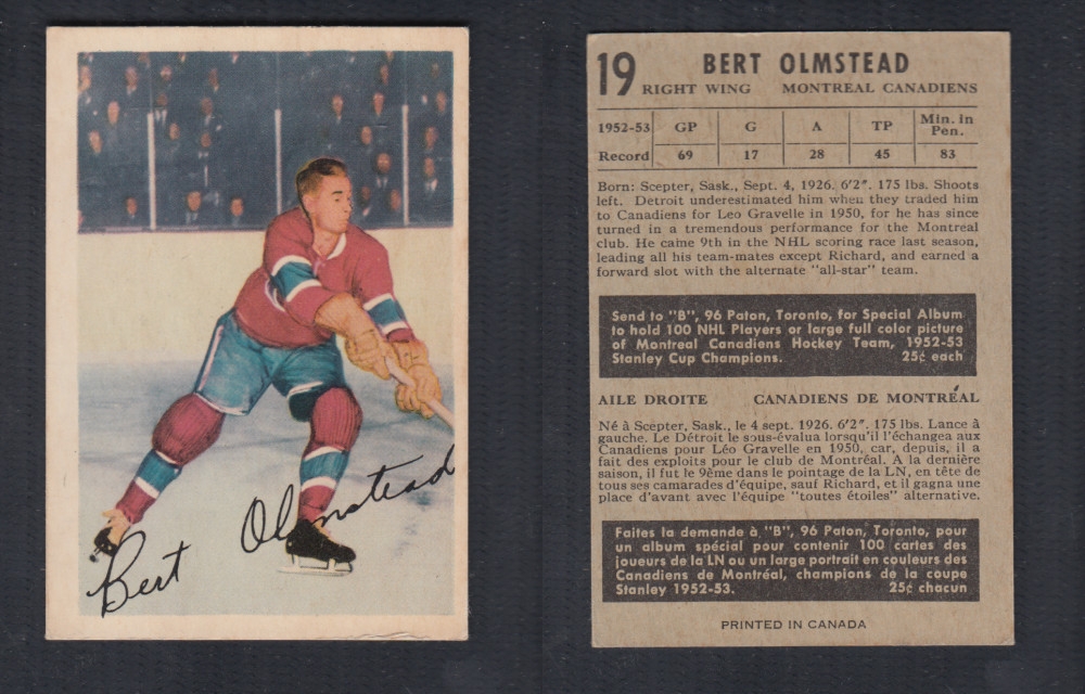 1953-54 PARKHURST HOCKEY CARD #19 B. OLMSTEAD photo 1953-54 PARKHURST HOCKEY CARD #19 B. OLMSTEAD photo