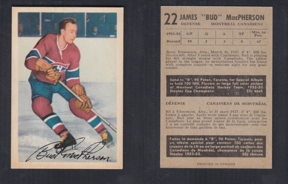1953-54 PARKHURST HOCKEY CARD #22 J. MACPHERSON photo 1953-54 PARKHURST HOCKEY CARD #22 J. MACPHERSON photo