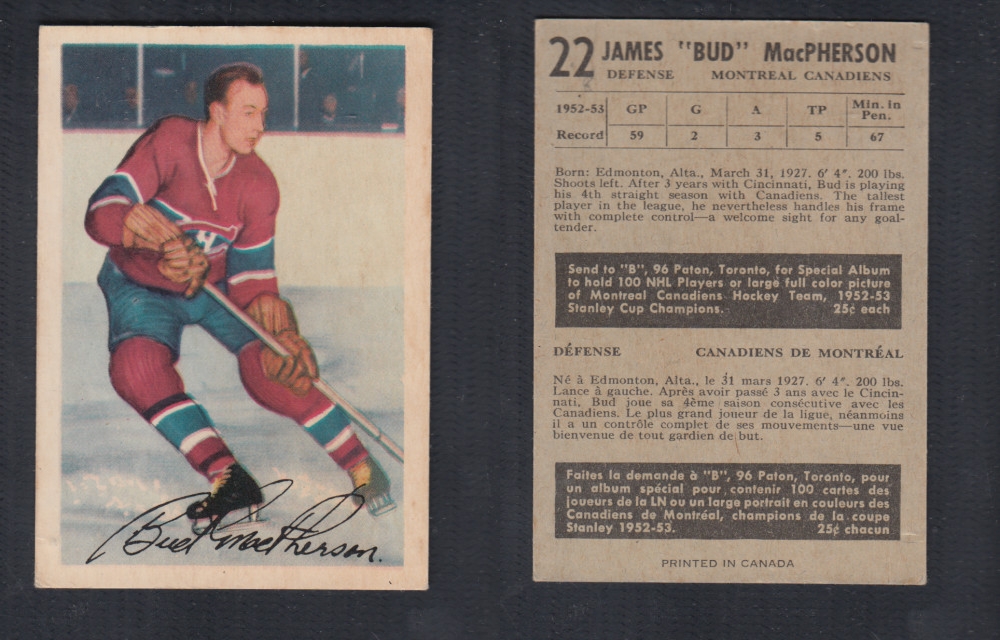 1953-54 PARKHURST HOCKEY CARD #22 J. MACPHERSON photo 1953-54 PARKHURST HOCKEY CARD #22 J. MACPHERSON photo