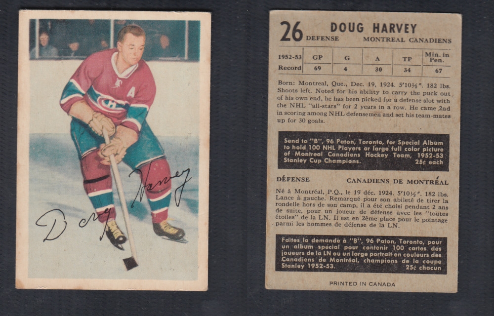 1953-54 PARKHURST HOCKEY CARD #26 D. HARVEY photo 1953-54 PARKHURST HOCKEY CARD #26 D. HARVEY photo