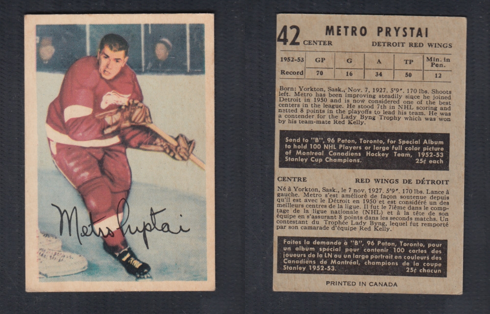 1953-54 PARKHURST HOCKEY CARD #42 M. PRYSTAI photo 1953-54 PARKHURST HOCKEY CARD #42 M. PRYSTAI photo