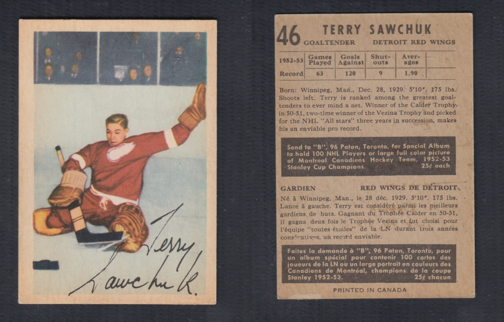 1953-54 PARKHURST HOCKEY CARD #46 T. SAWCHUK photo 1953-54 PARKHURST HOCKEY CARD #46 T. SAWCHUK photo