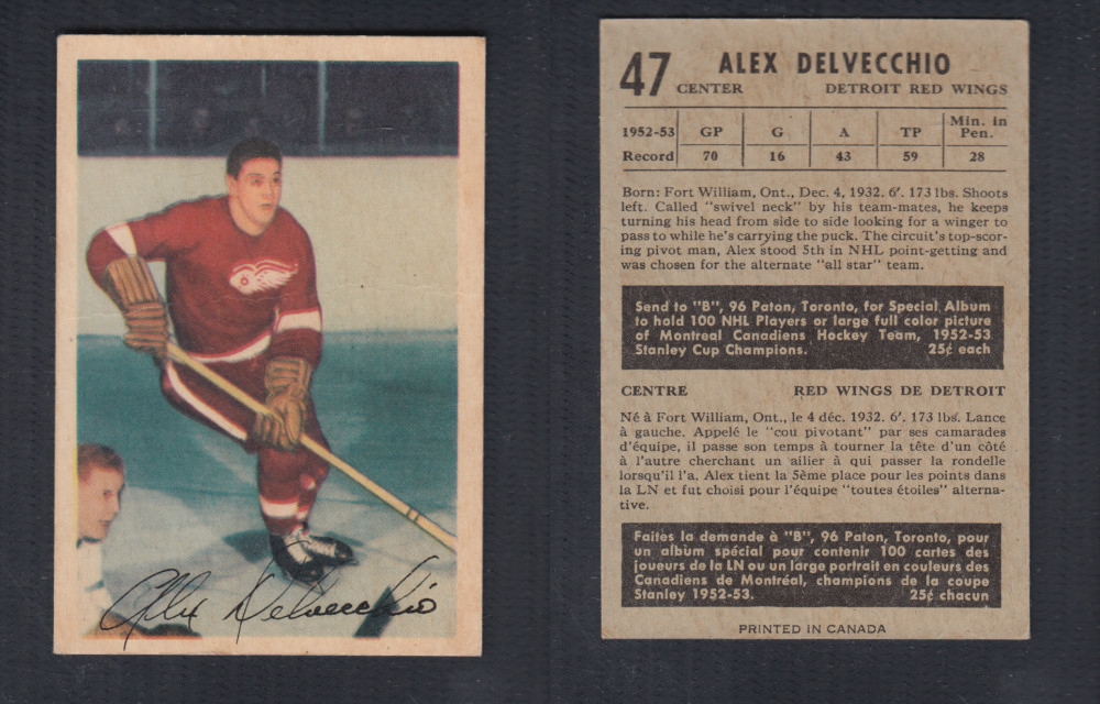 1953-54 PARKHURST HOCKEY CARD #47 A. DELVECCHIO photo 1953-54 PARKHURST HOCKEY CARD #47 A. DELVECCHIO photo