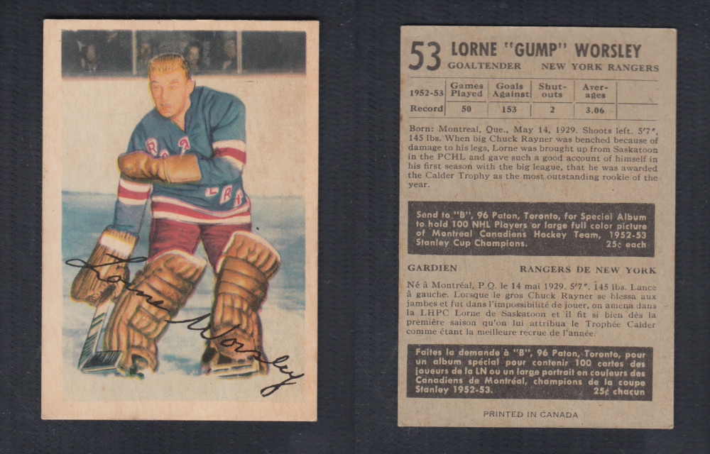 1953-54 PARKHURST HOCKEY CARD #53 L. WORSLEY photo 1953-54 PARKHURST HOCKEY CARD #53 L. WORSLEY photo