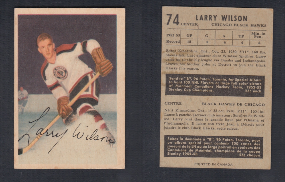 1953-54 PARKHURST HOCKEY CARD #74 L. WILSON photo 1953-54 PARKHURST HOCKEY CARD #74 L. WILSON photo