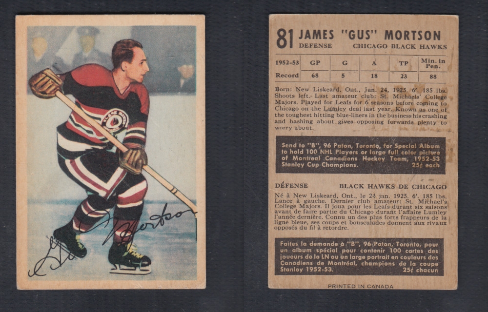 1953-54 PARKHURST HOCKEY CARD #81 J. MORTSON photo 1953-54 PARKHURST HOCKEY CARD #81 J. MORTSON photo