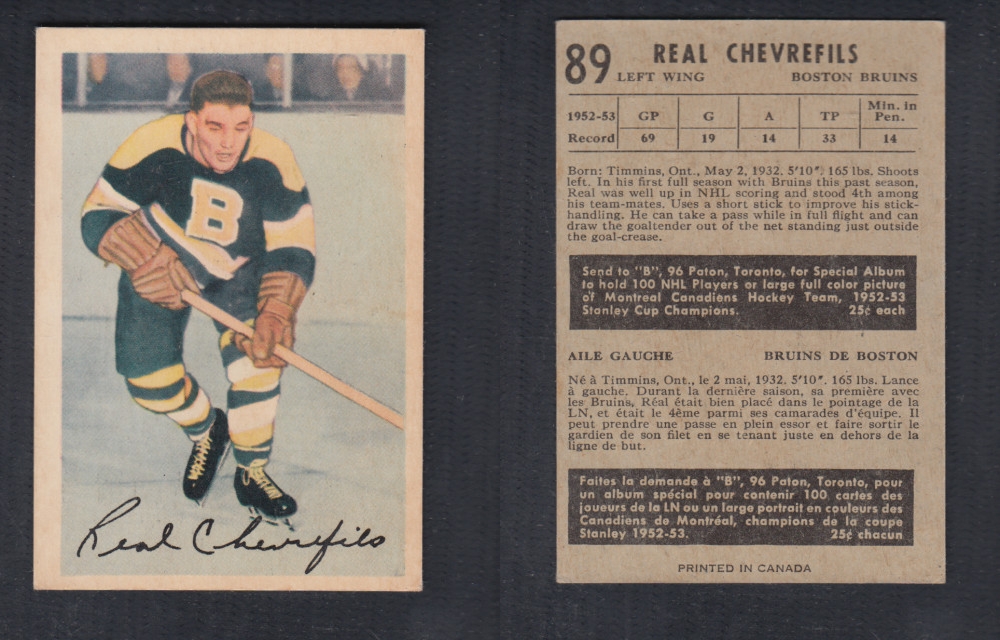 1953-54 PARKHURST HOCKEY CARD #89 R. CHEVREFILS photo 1953-54 PARKHURST HOCKEY CARD #89 R. CHEVREFILS photo