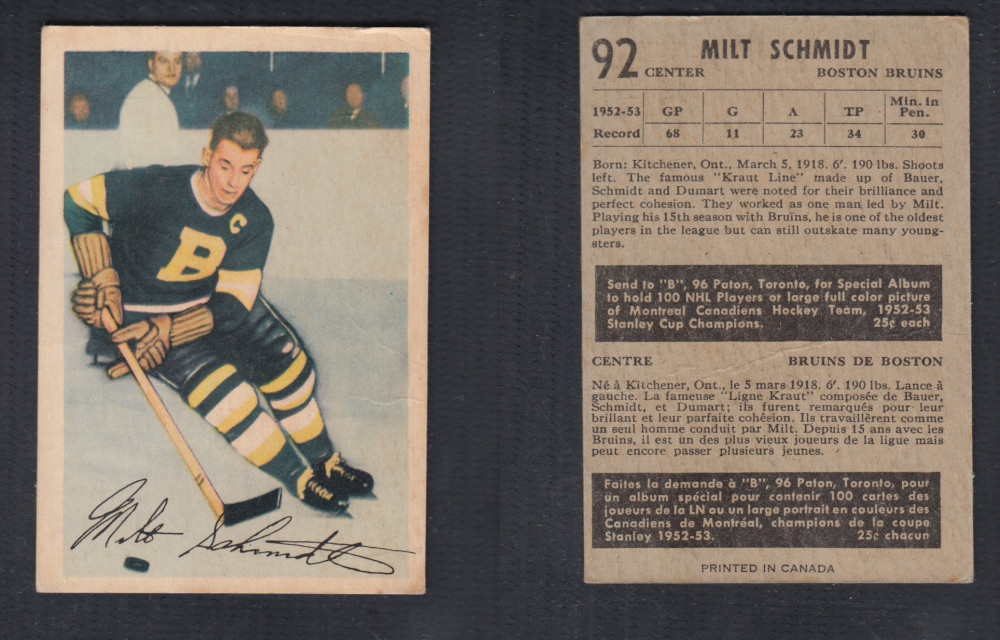 1953-54 PARKHURST HOCKEY CARD #92 M. SCHMIDT photo 1953-54 PARKHURST HOCKEY CARD #92 M. SCHMIDT photo